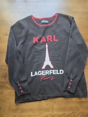 Karl Lagerfeld Paris Eiffel Tower Sweater Black Red Graphic Knit Size M/L